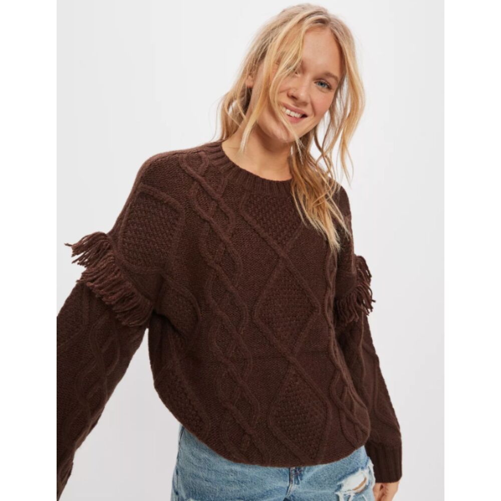 NWT AE American Eagle Fringe Sleeve Sweater Brown Ladies‎ Size S